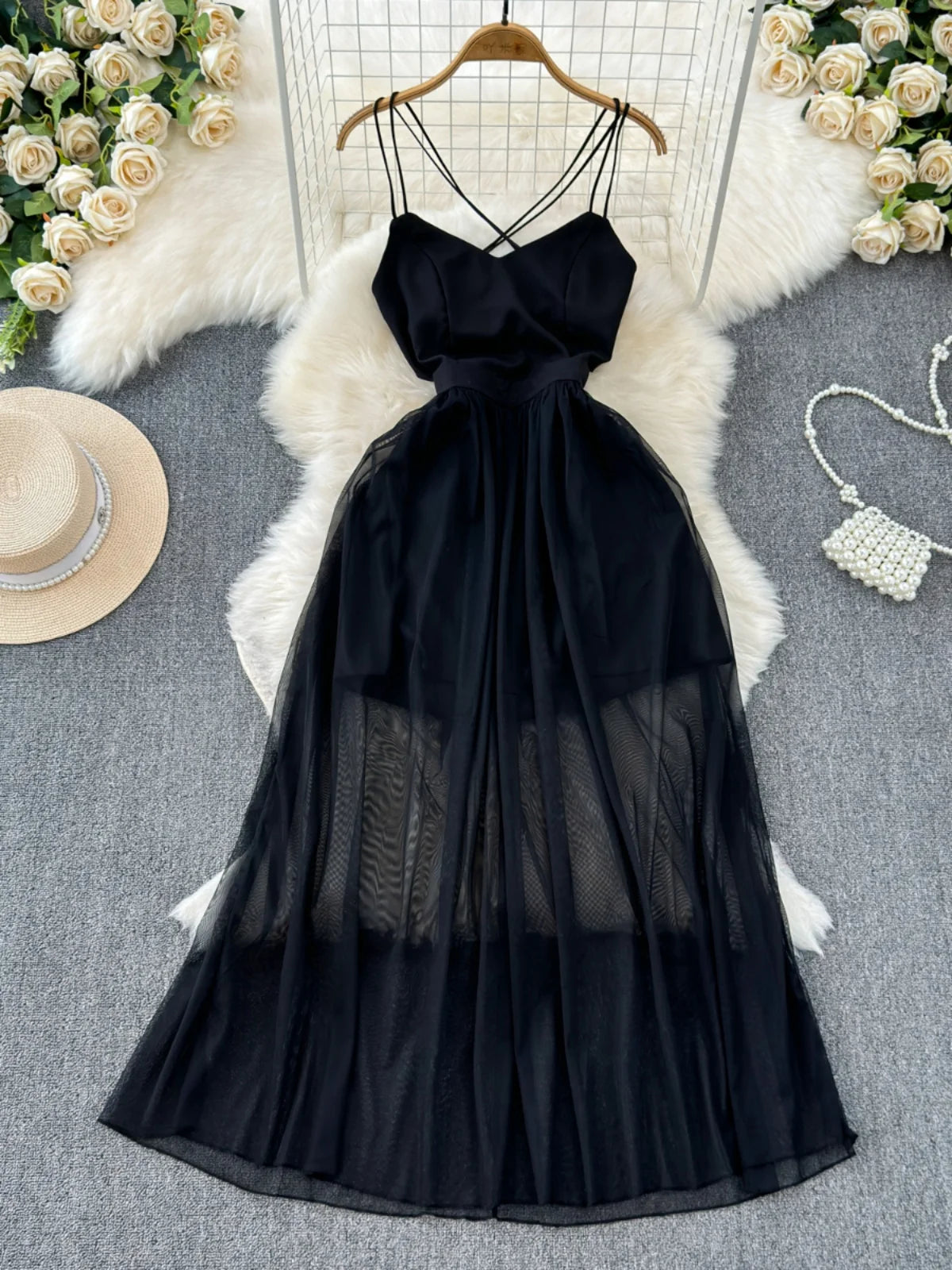 Elegant Black Sheer Overlay Spaghetti Strap Evening Dress