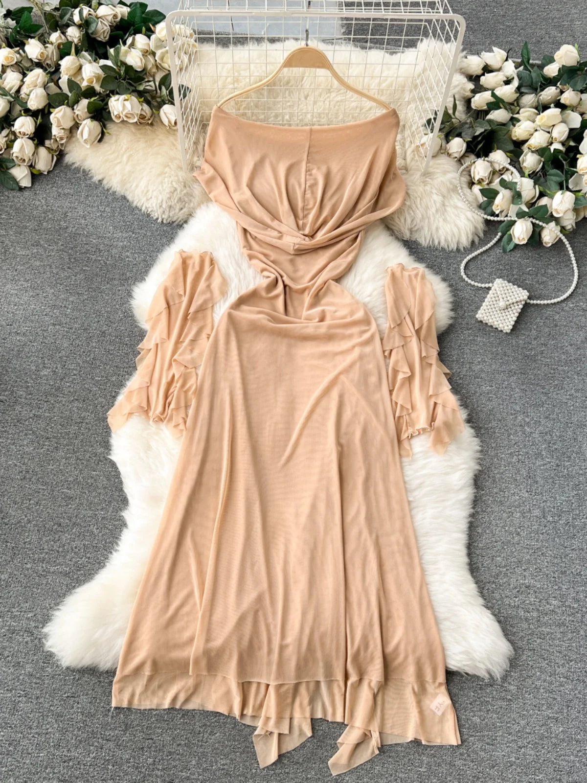 Elegant Long Sleeve Ruffle Trim Hooded Dress Beige
