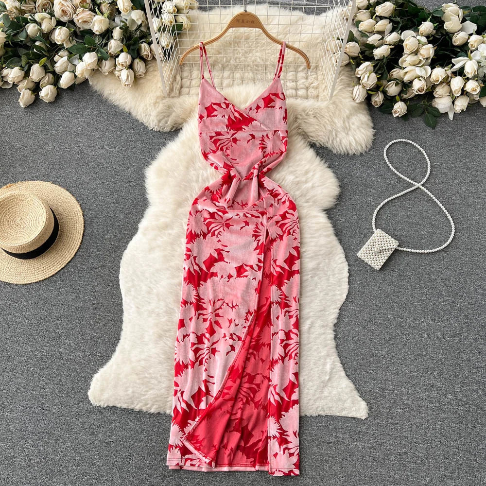 fitted lace wedding dress Orange Red Floral Slip Midi Dress – Gabi Swimwear main image 0