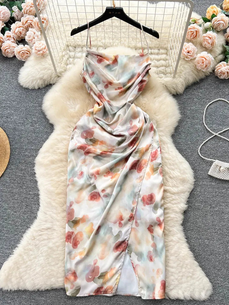 floral satin cowl neck dress Green Floral Dress - Floral Satin Dress - Cowl Neck Midi Dress