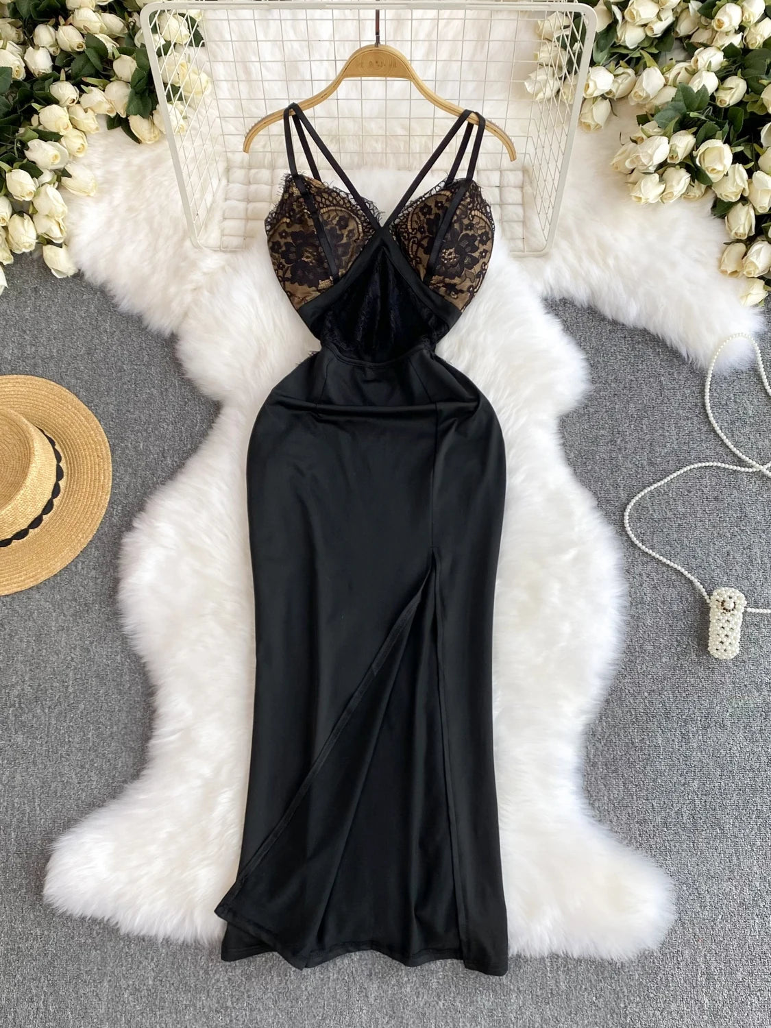 Womens Elegant Black Lace Satin Slip Dress