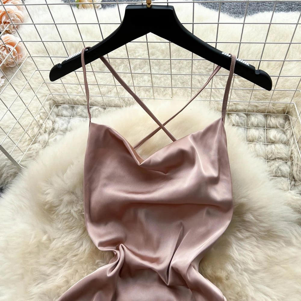 Elegant Satin Lace-up Back Midi Slip Dress on Luulla