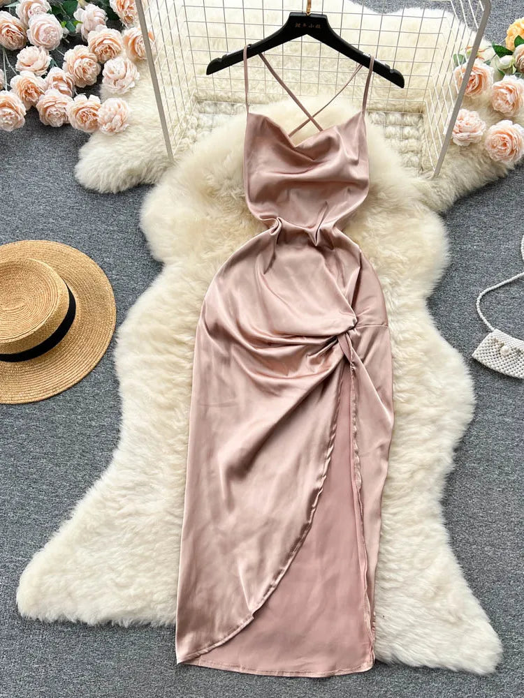 Elegant Satin Lace-up Back Midi Slip Dress on Luulla