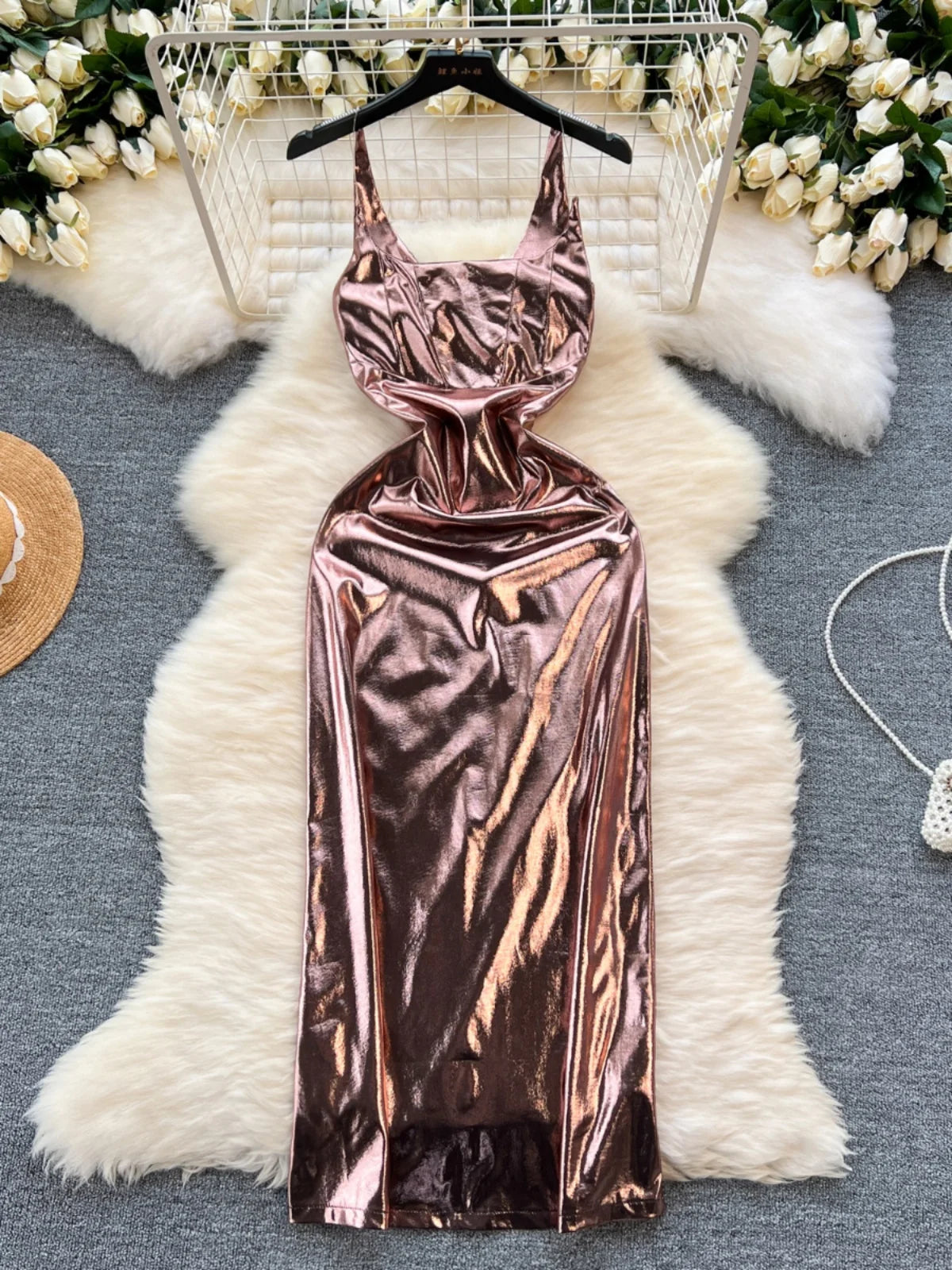 Elegant Satin Cowl Neck Backless Maxi Dress Bronze