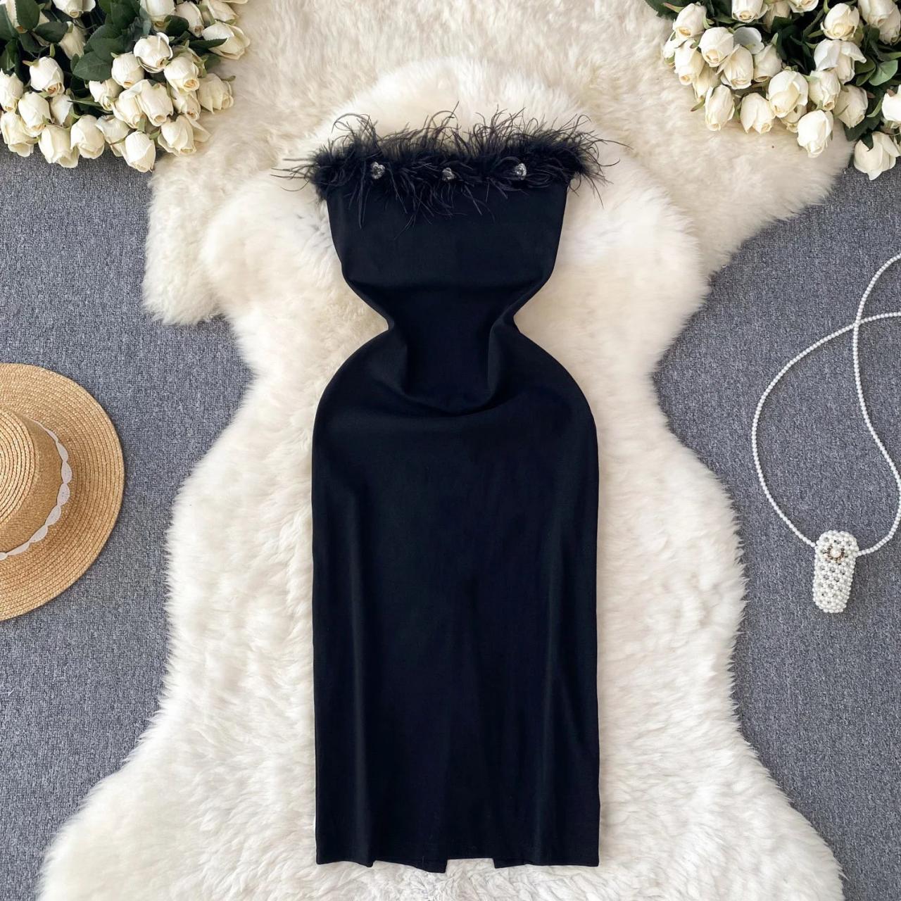 Elegant Black Feather-trimmed Sleeveless Turtleneck Dress on Luulla