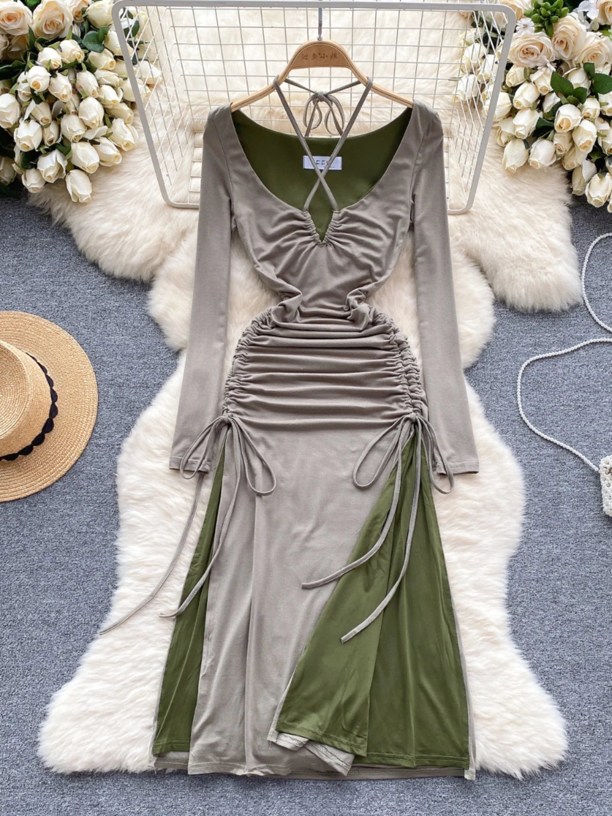 knee length dresses for ladies Vineyard Charm Satin Midi in Olive