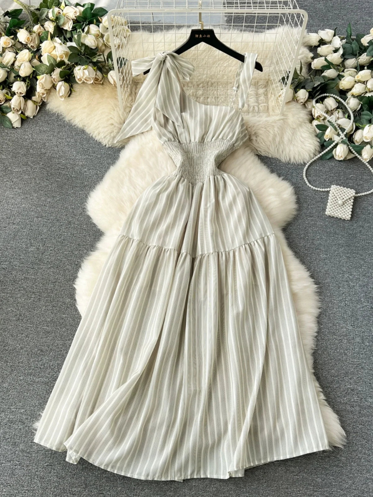 Elegant Striped Pleated Mid-length Summer Dress With Bow on Luulla