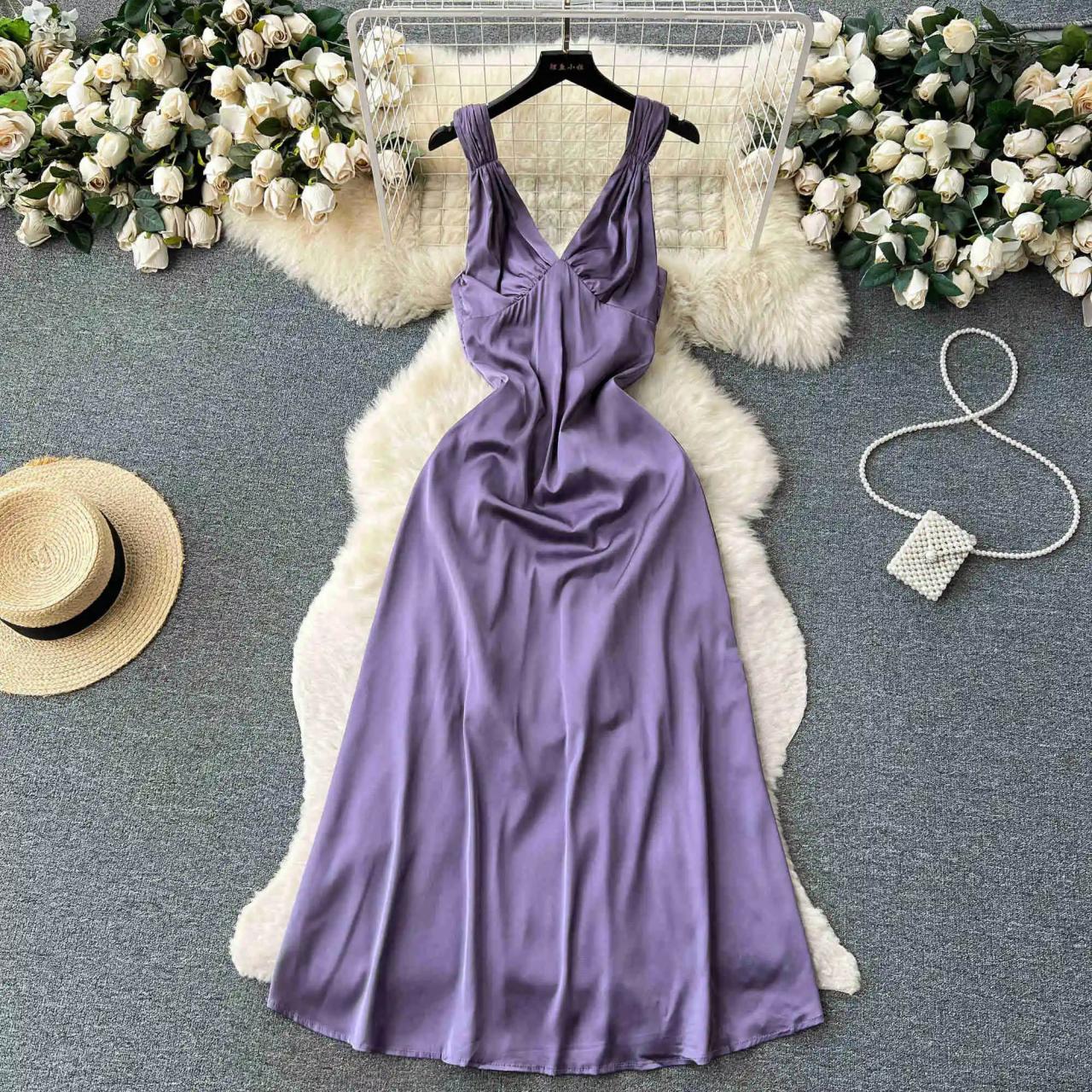 Elegant Sleeveless Satin Midi Dress In Lavender on Luulla