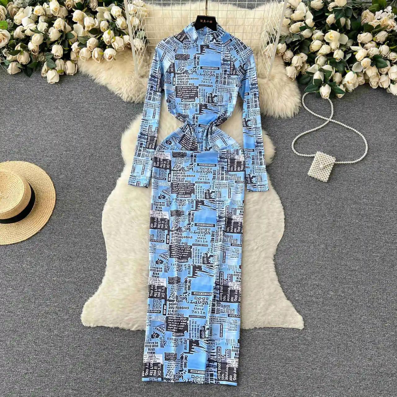 Womens Long Sleeve Blue Cityscape Print Shirt Dress on Luulla