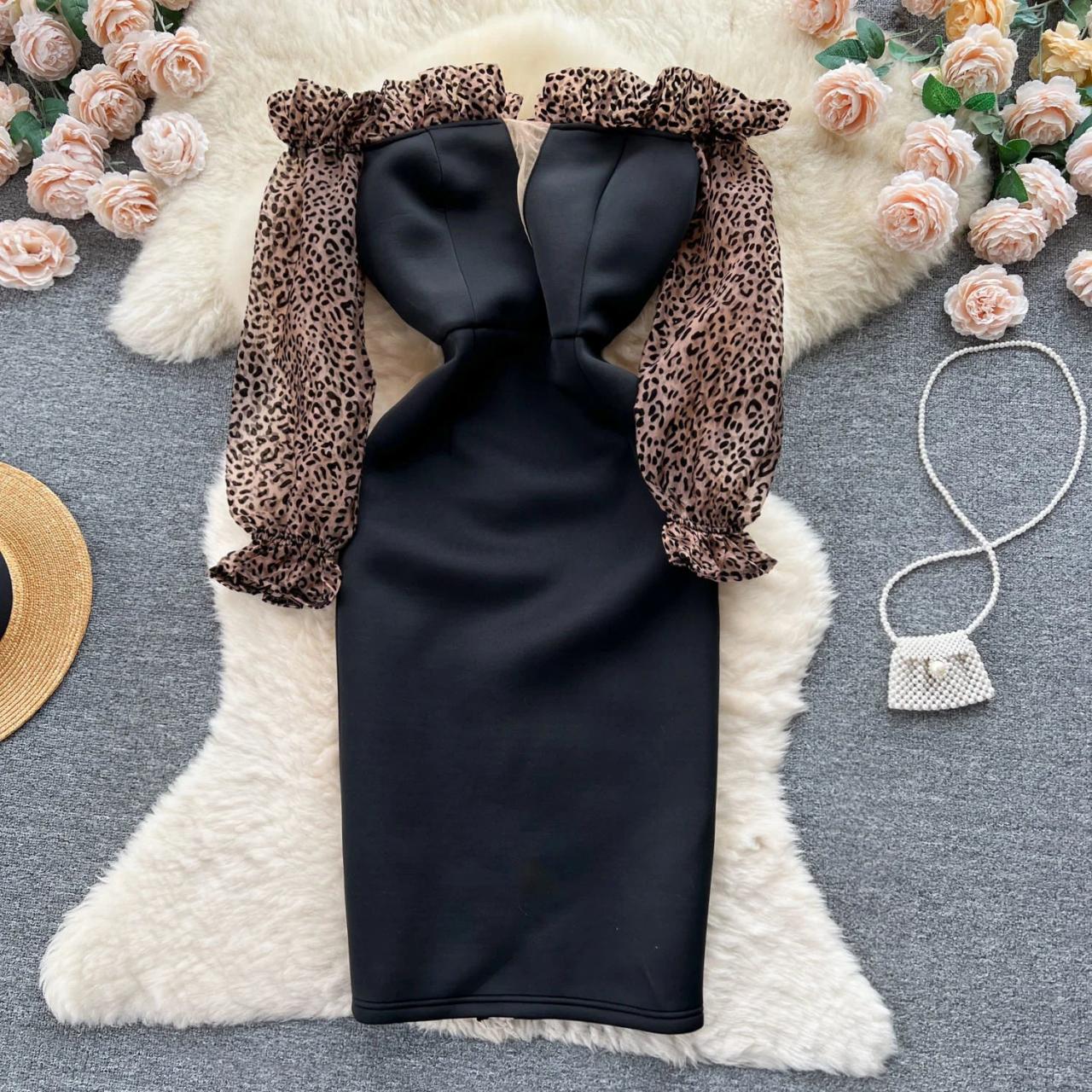 Womens Elegant Leopard Print Sleeve Cocktail Evening Dress on Luulla