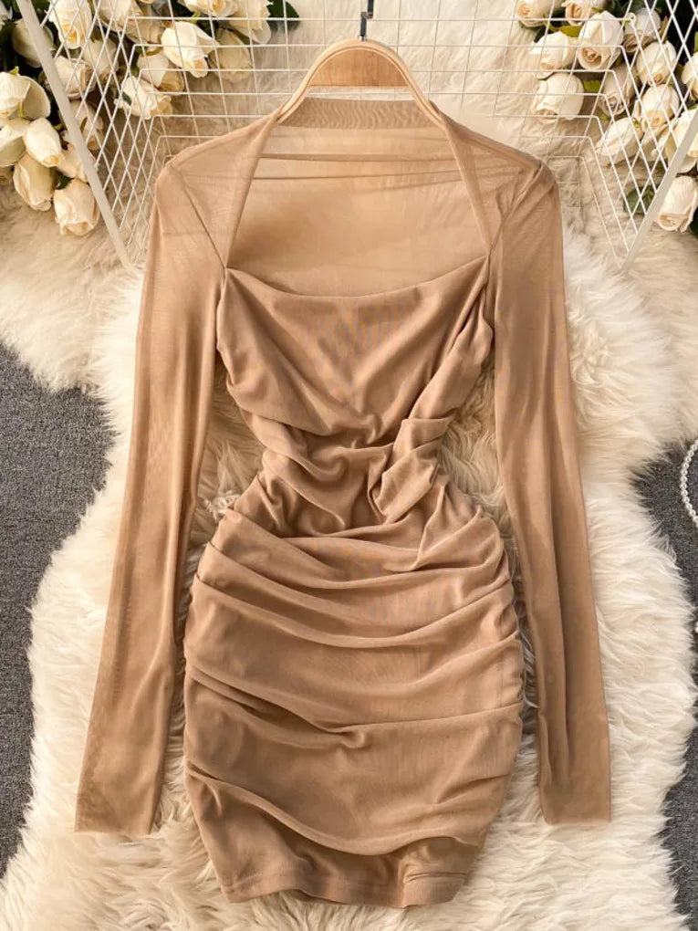 Elegant Long Sleeve Caramel Draped Satin Mini Dress