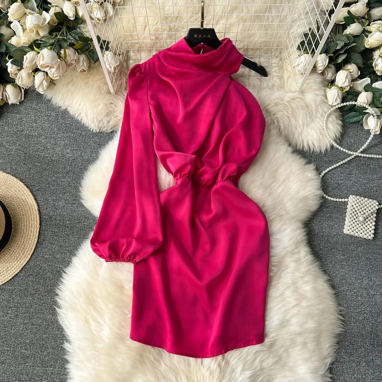 Elegant Magenta Turtleneck Puff Sleeve Mini Dress