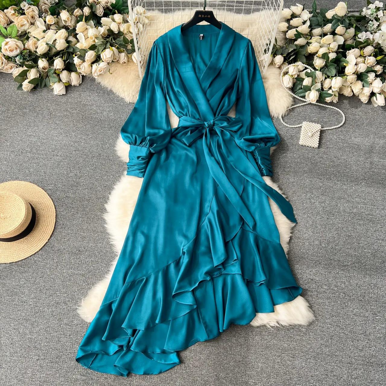 long sleeve satin ruffle wrap dress Forest Green Silk Satin Wrap Dress with Ruffle Hem, Long Sleeve Midi for Women