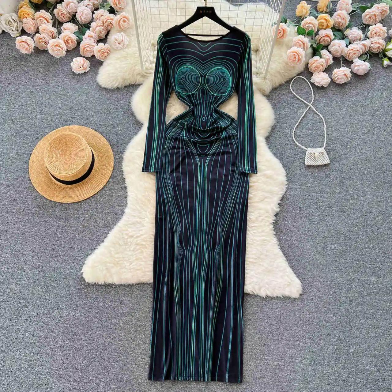 Elegant Optical Illusion Long Sleeve Maxi Dress