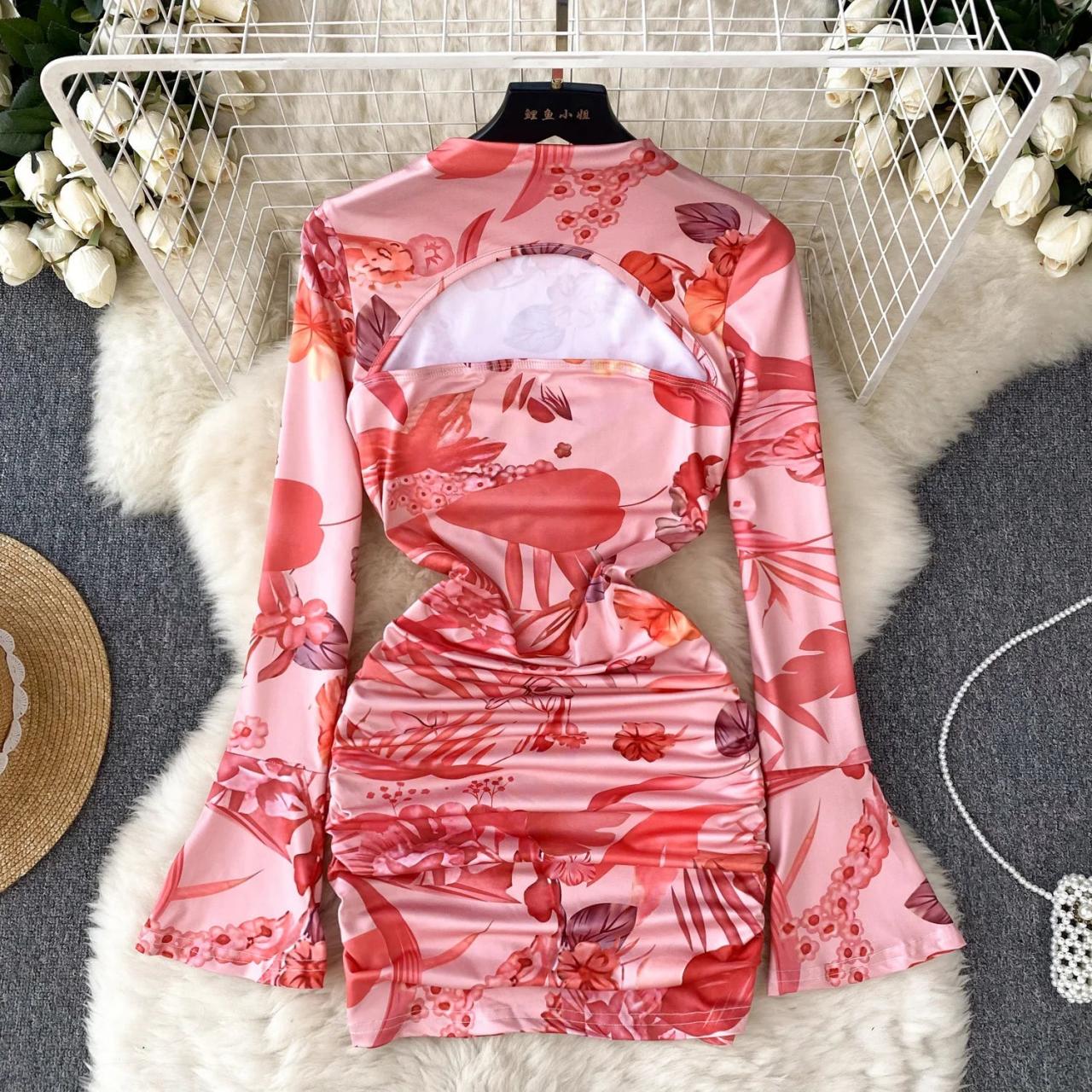 floral satin printed bodycon dress Hot Pink Mini Prom Dress with 3D Floral Organza Train, Strapless Bodyc –  Viniodress