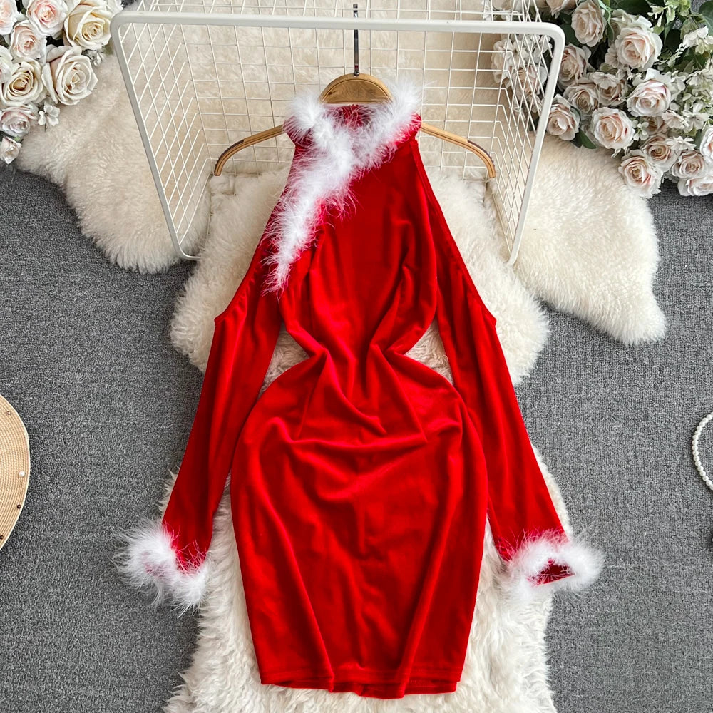 Heartwait Womens Red Velvet Dress with White Faux Fur Trim