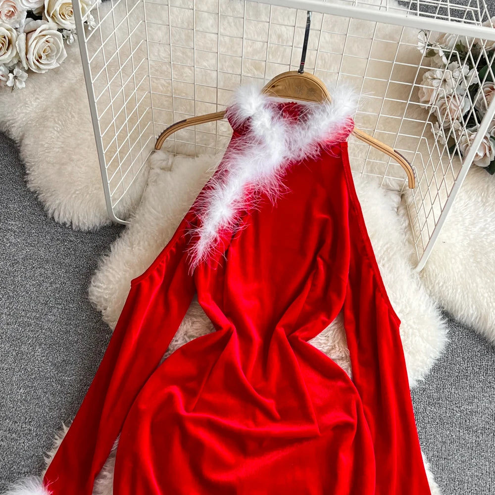 red velvet dress with white fur trim Red Velvet Holiday Dress with White Faux Fur Trim for 11.5" Fashion Doll