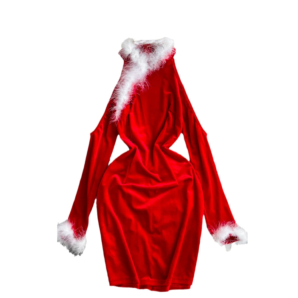 Womens Red Velvet Dress With White Faux Fur Trim on Luulla