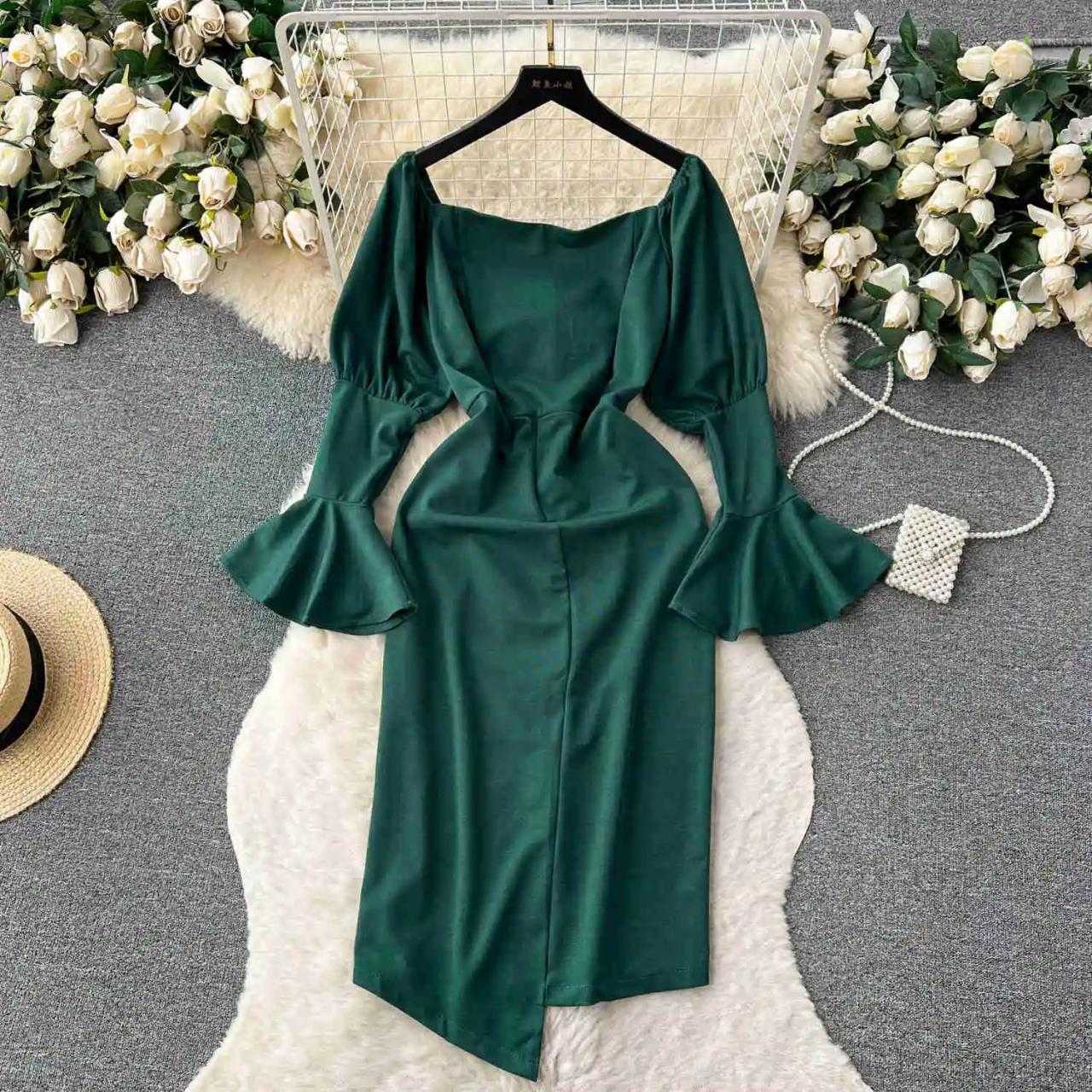 Elegant Emerald Green Square neck Bell Sleeve Dress