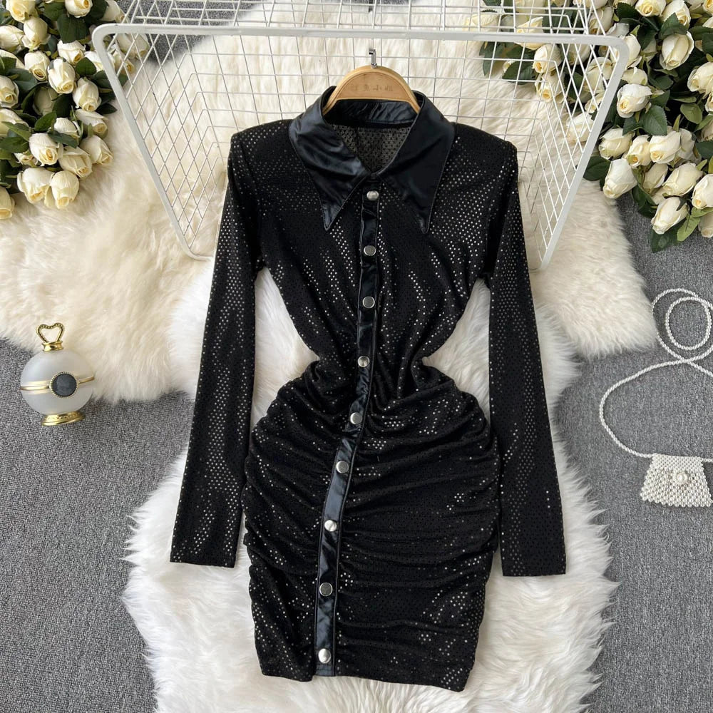 Womens Black Velvet Dress With Sparkling Rhinestones Long Sleeve