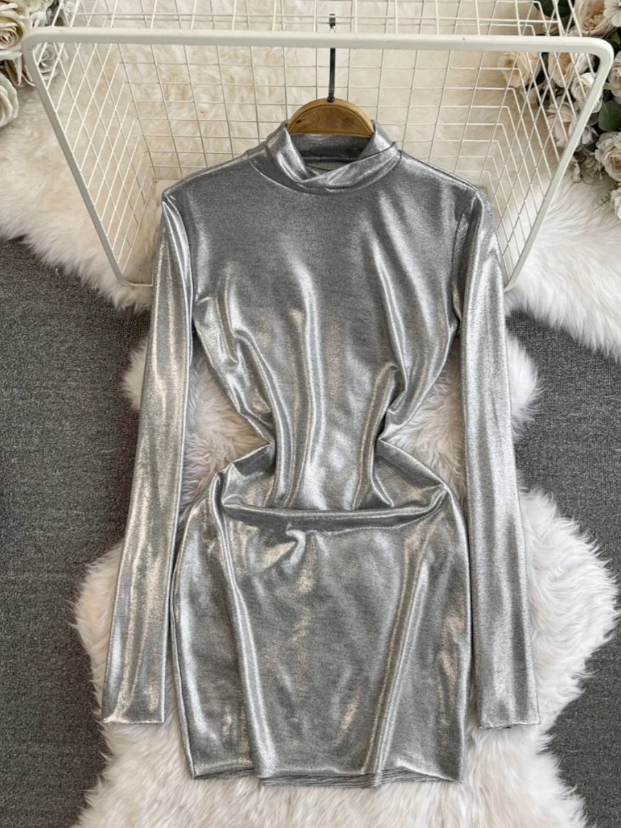chinese dress ladies Silver Metallic Long-Sleeve Sequined Mini Dress L / 8 / Silver