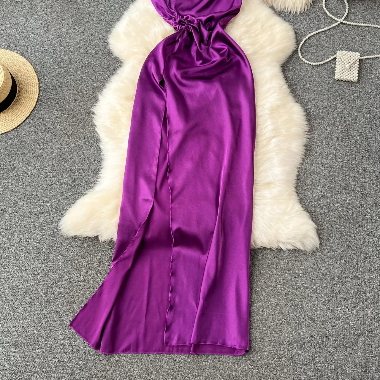 Beautiful Long Purple High Neck Lace Beading Satin Evening Dress With Slit main image 1