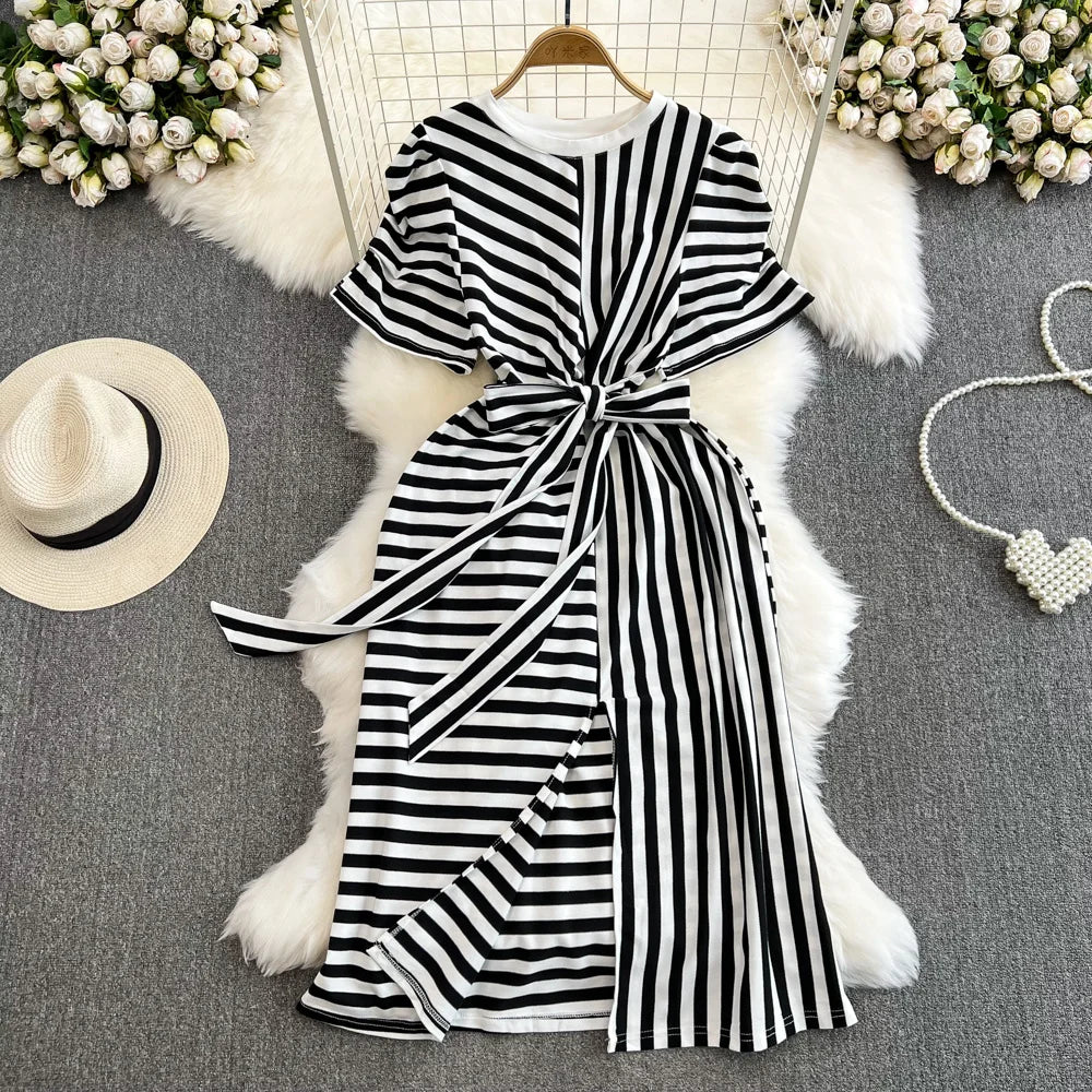 white christmas dresses White Stripe Ribbed Maxi Dress - Casual Dresses
