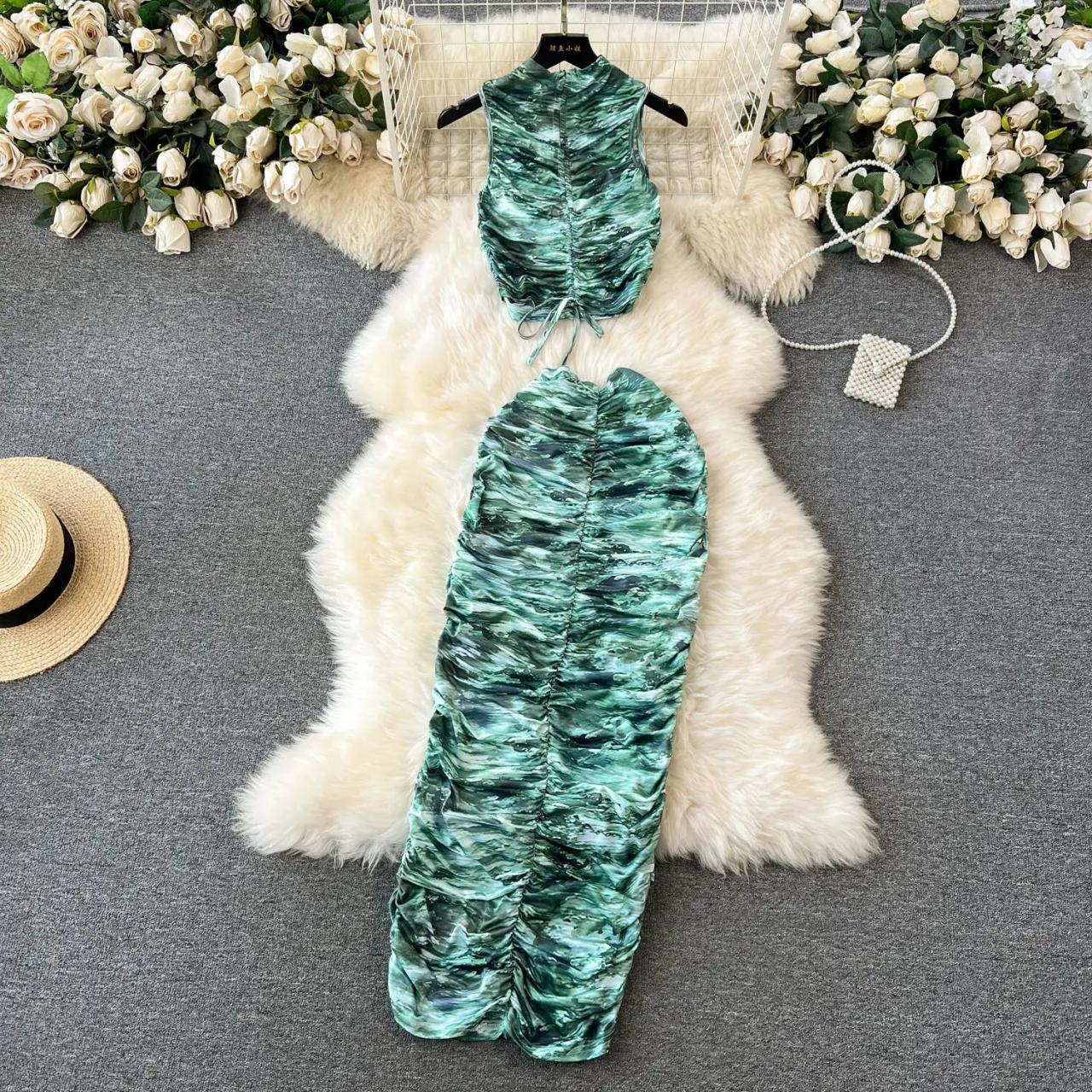 Elegant Tropical Print Ruched Midi Summer Dress
