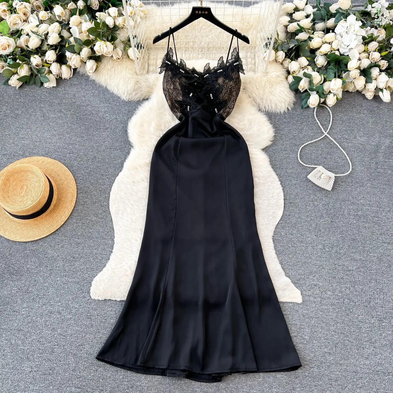 Elegant Black Satin Lace Trim Slip Dress For Women