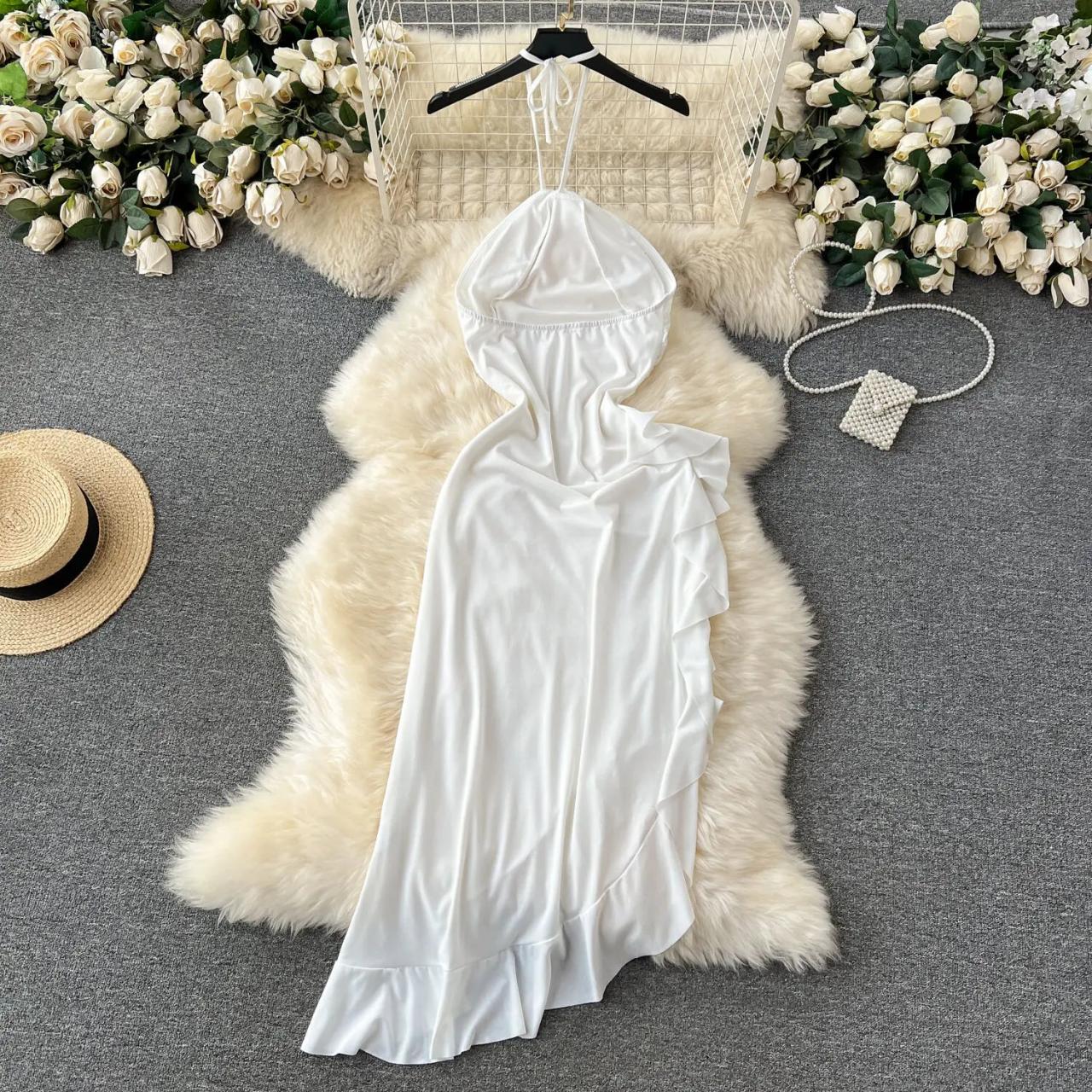 Elegant White Halter Neck Ruffle Sleeveless Evening Dress