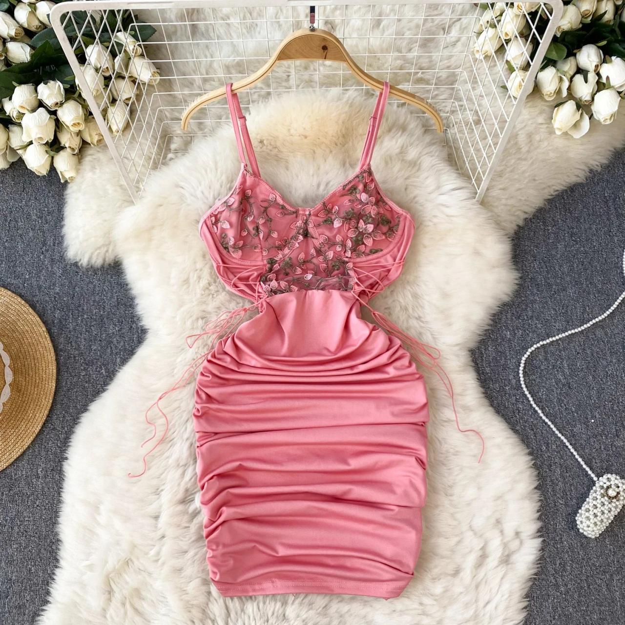 Floral Embroidered Bodice Ruched Pink Satin Dress on Luulla
