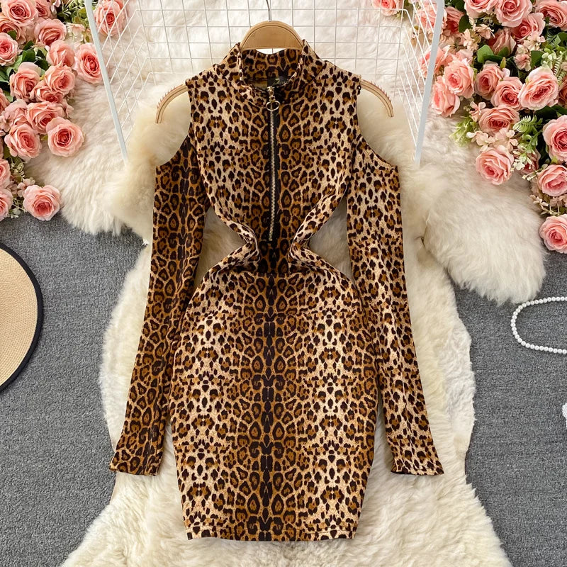 Elegant Leopard Print Zipper Front Bodycon Dress