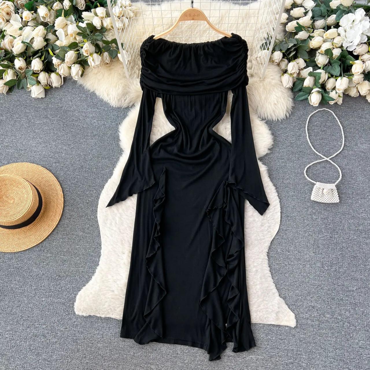 white christmas dresses Floor Length Mesh Wedding Guest Dress Mermaid Floral Long Sleeve High Neck with Flounce Hem main image 1