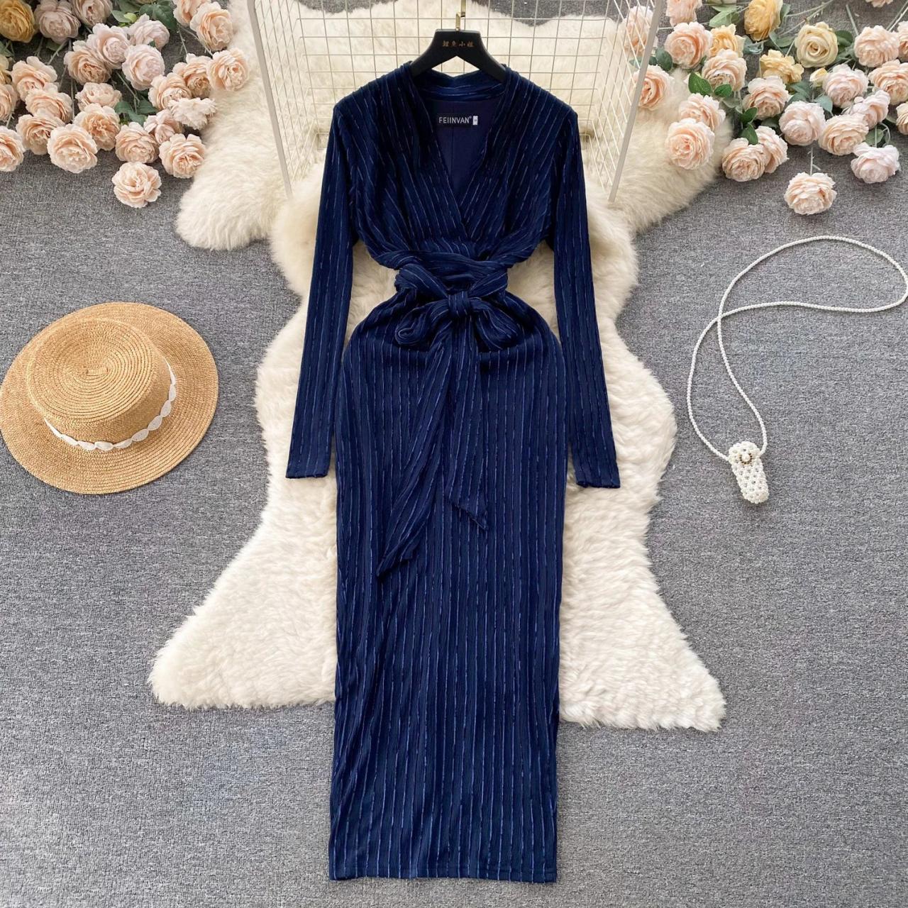 blue velvet pleated dress Navy Velvet Long Sleeves Pleated Slit Crafted Prom Dress