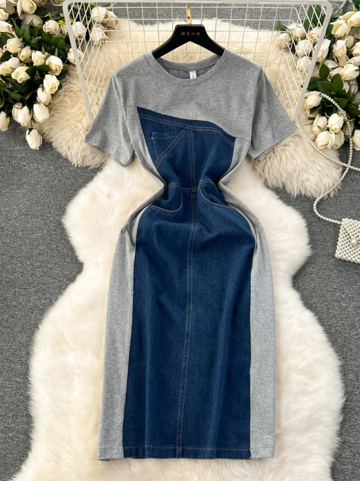 Womens Casual Denim Dress With Contrast Grey Sleeves