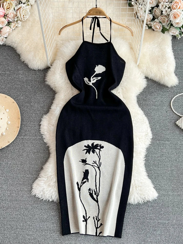 Foamlina French Retro Style Floral Jacquard Knitted Dress For Women Sexy Lace-up Halter Sleeveless Backless Bodycon Summer Dress