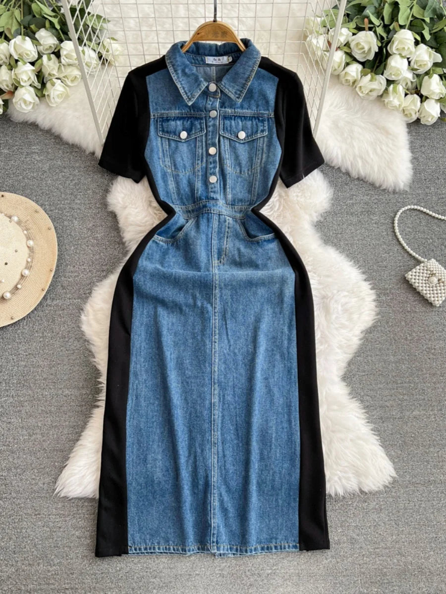 Womens Two-Tone Denim Button-Down Midi Shirt Dress