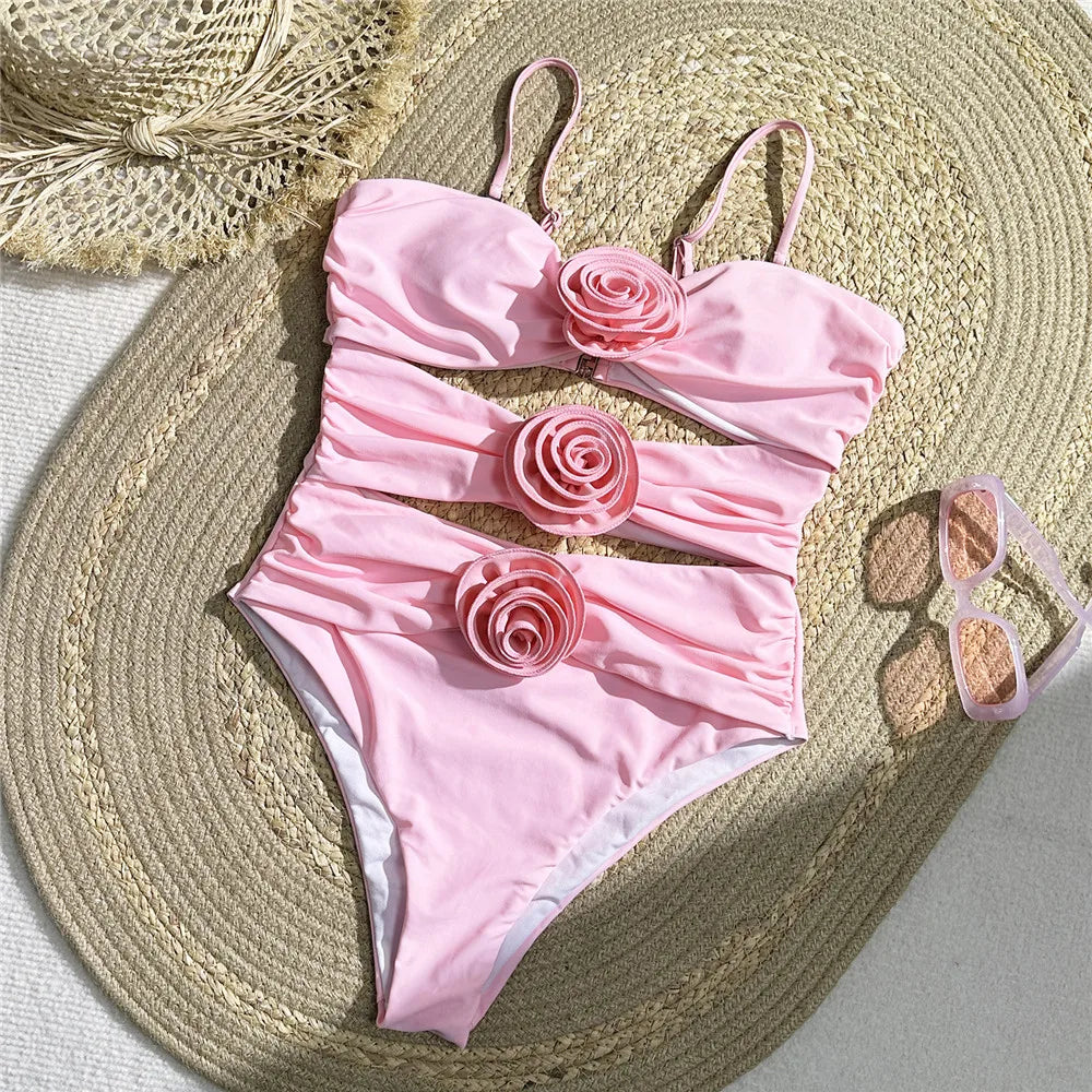 Pink Rosette Accented High waist Bikini Swimwear Set on Luulla