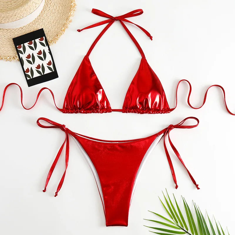 Heartwait Womens Shiny Red Halter Neck Bikini Set Swimwear