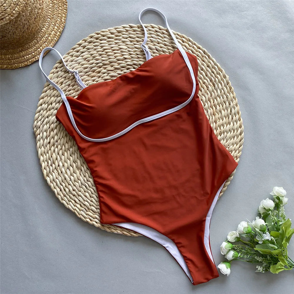 Red one piece swimsuit with white piping clearance