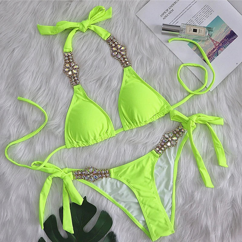 Neon Green Crystal Embellished Two piece Swimsuit Set on Luulla
