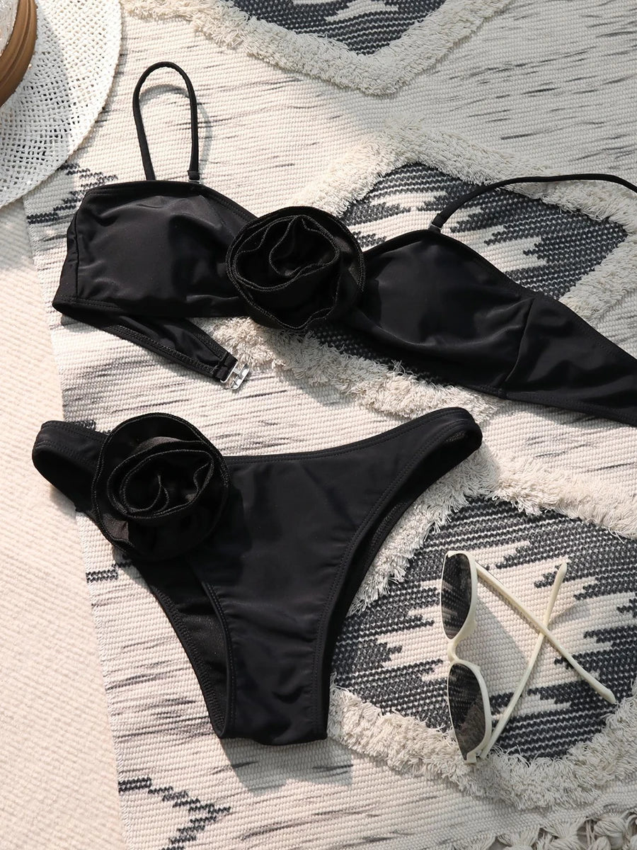 Dark Brown Oval Ring Detail Bandeau Bikini Set With Draped Skirt Jersey Swimwear For Vacation main image 1