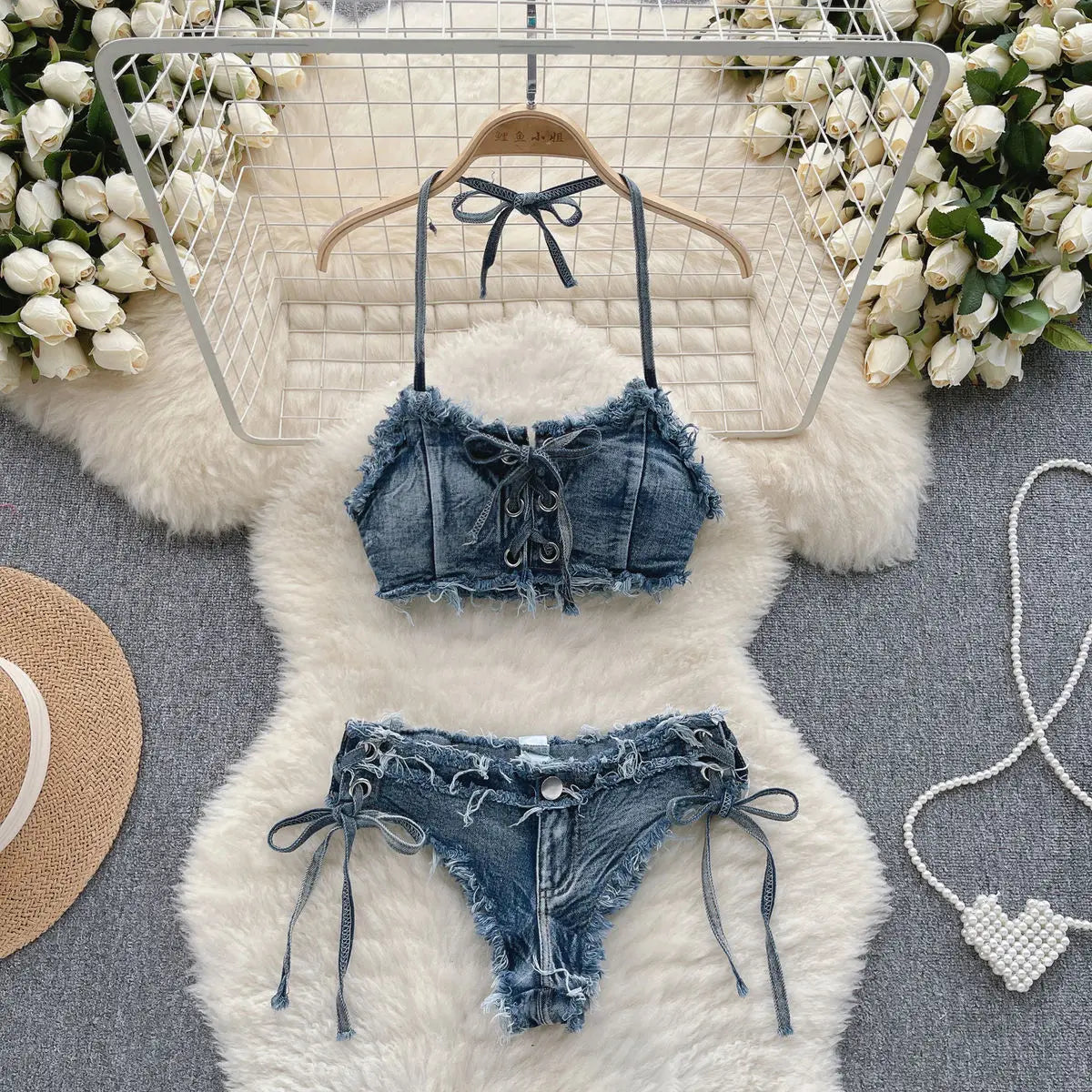 Womens Distressed Denim Bikini Set With Lacing Details on Luulla