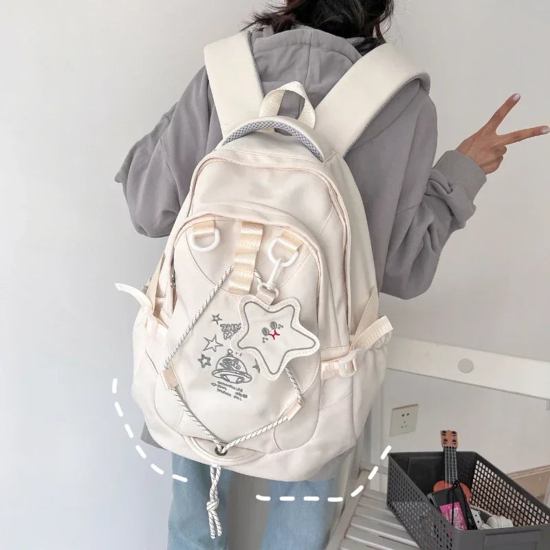 Stylish Beige Casual Backpack With Cute Star Patch on Luulla
