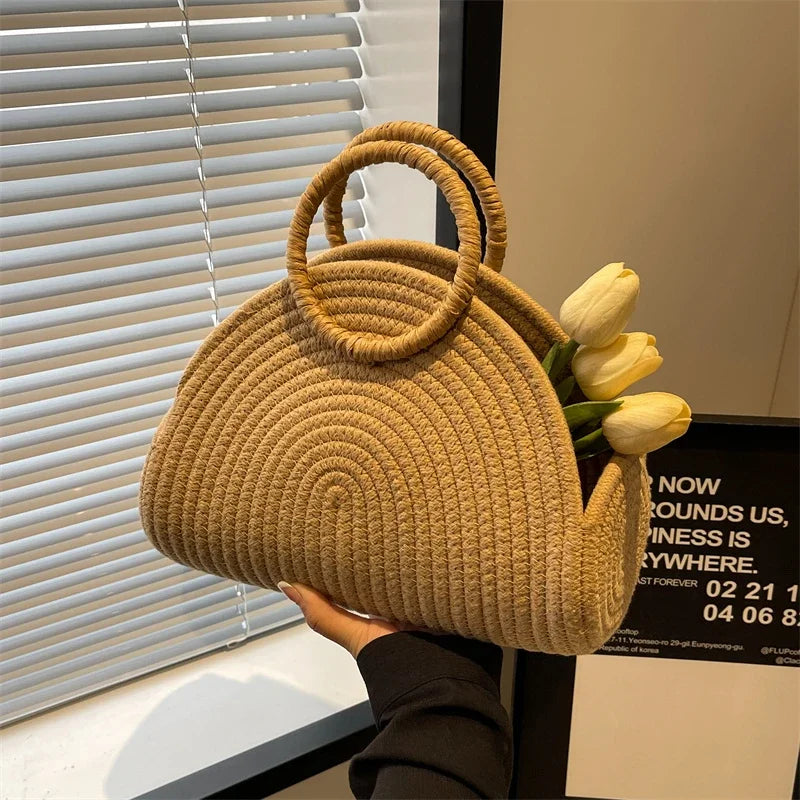 Chic Bohemian Hand Woven Rattan Bag with Round Handles