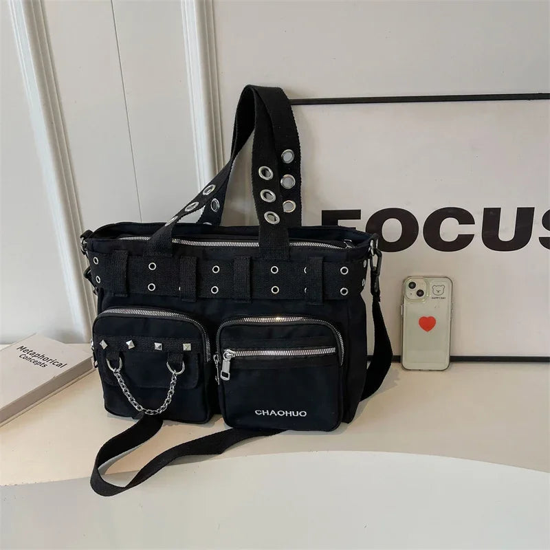 Multi pocket Black Canvas Shoulder Bag With Grommet Detail on Luulla