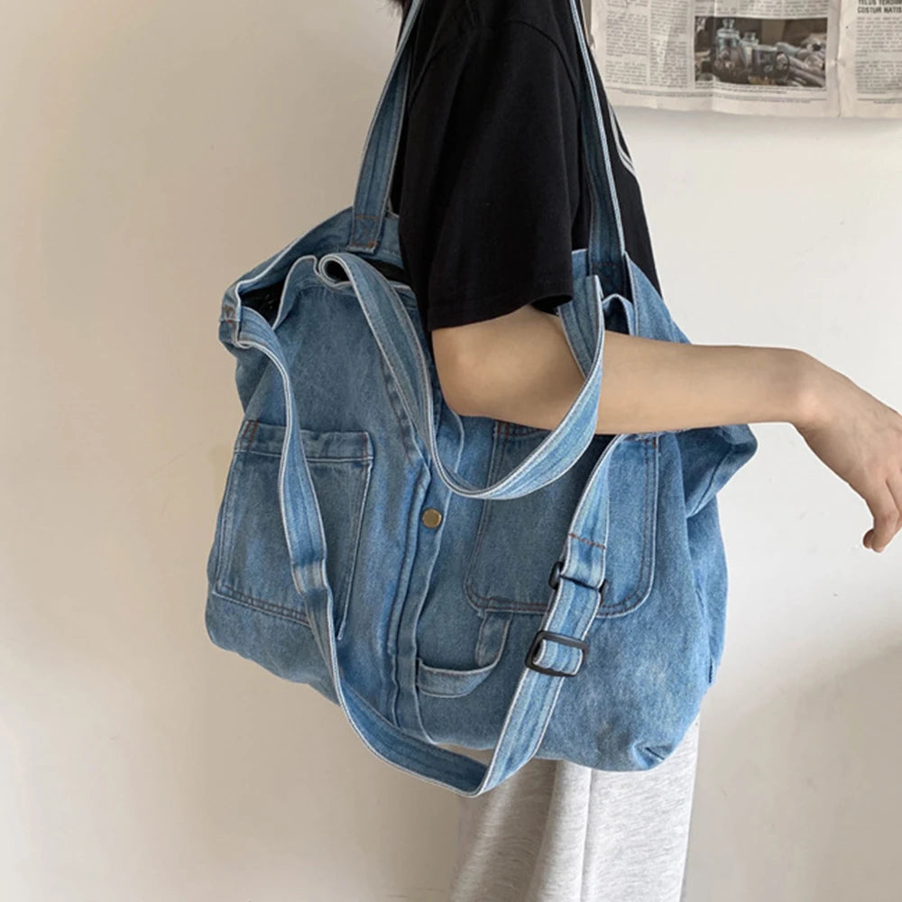 Large Vintage Denim Tote Bag With Spacious Pockets on Luulla