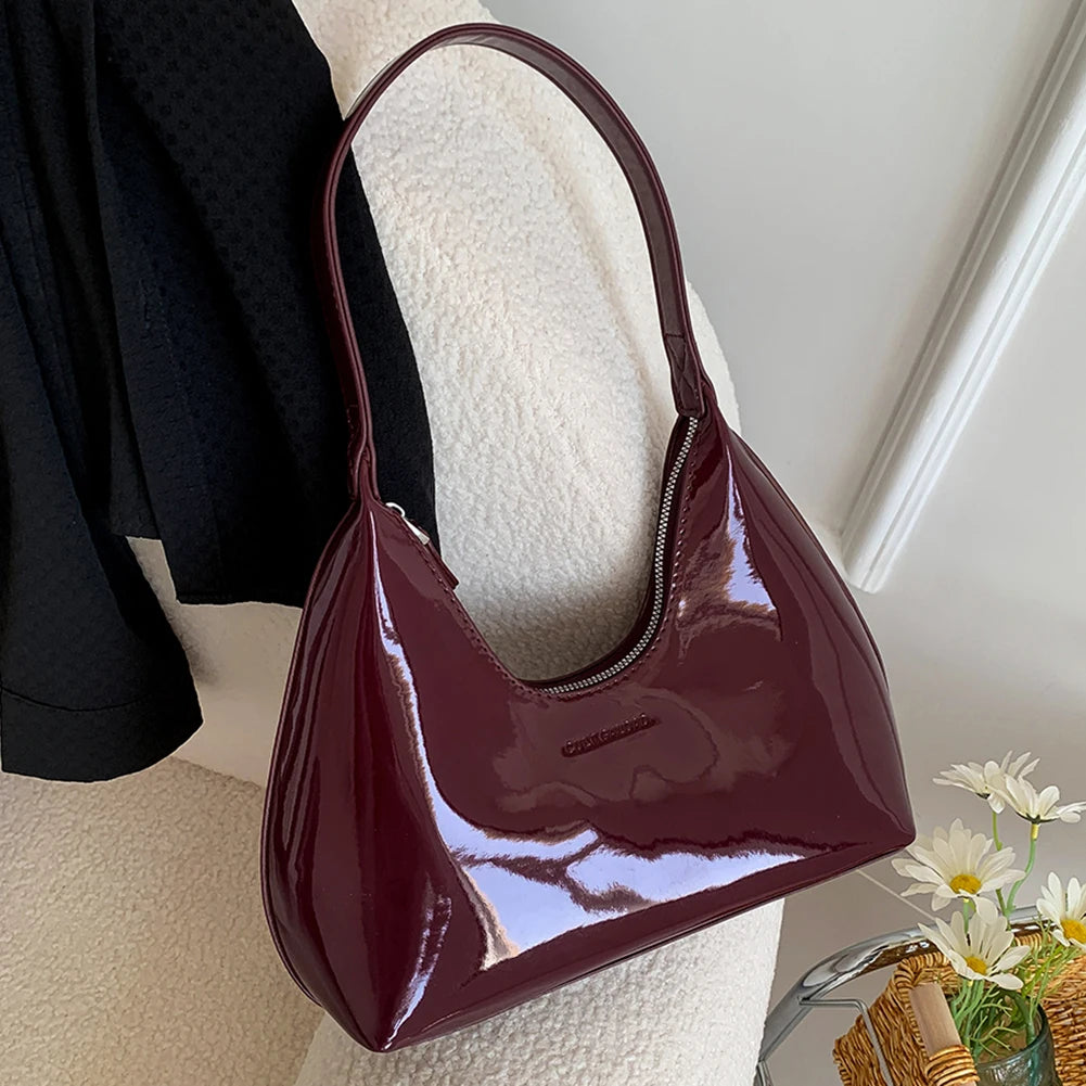 Elegant Burgundy Patent Leather Shoulder Tote Bag