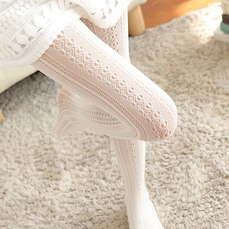 Delicate Lace Knit Patterned White Tights For Women on Luulla