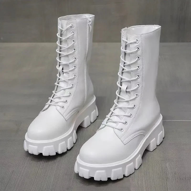 Chic White Combat Boots With Chunky Soles
